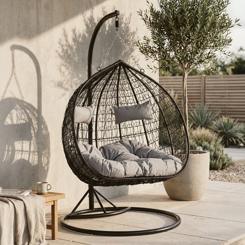 Orsina Goa Double Hanging Chair – Black Rattan with Grey Cushions