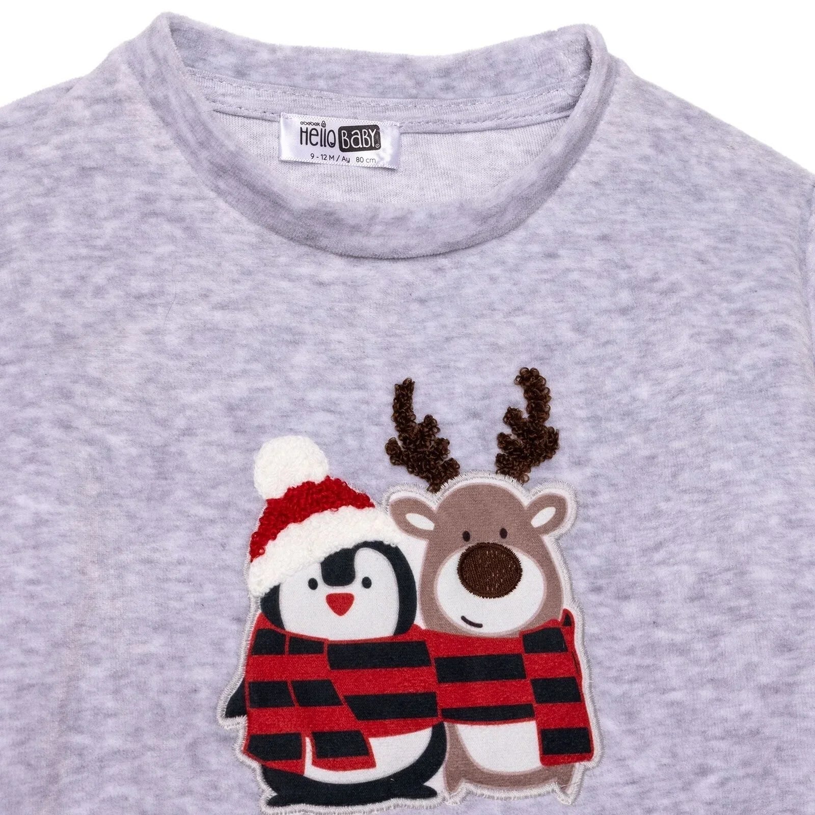 HelloBaby Boys Velvet Pyjama Set Animal with Poppers Christmas Crew Neck Long Leg Long Sleeve - Grey