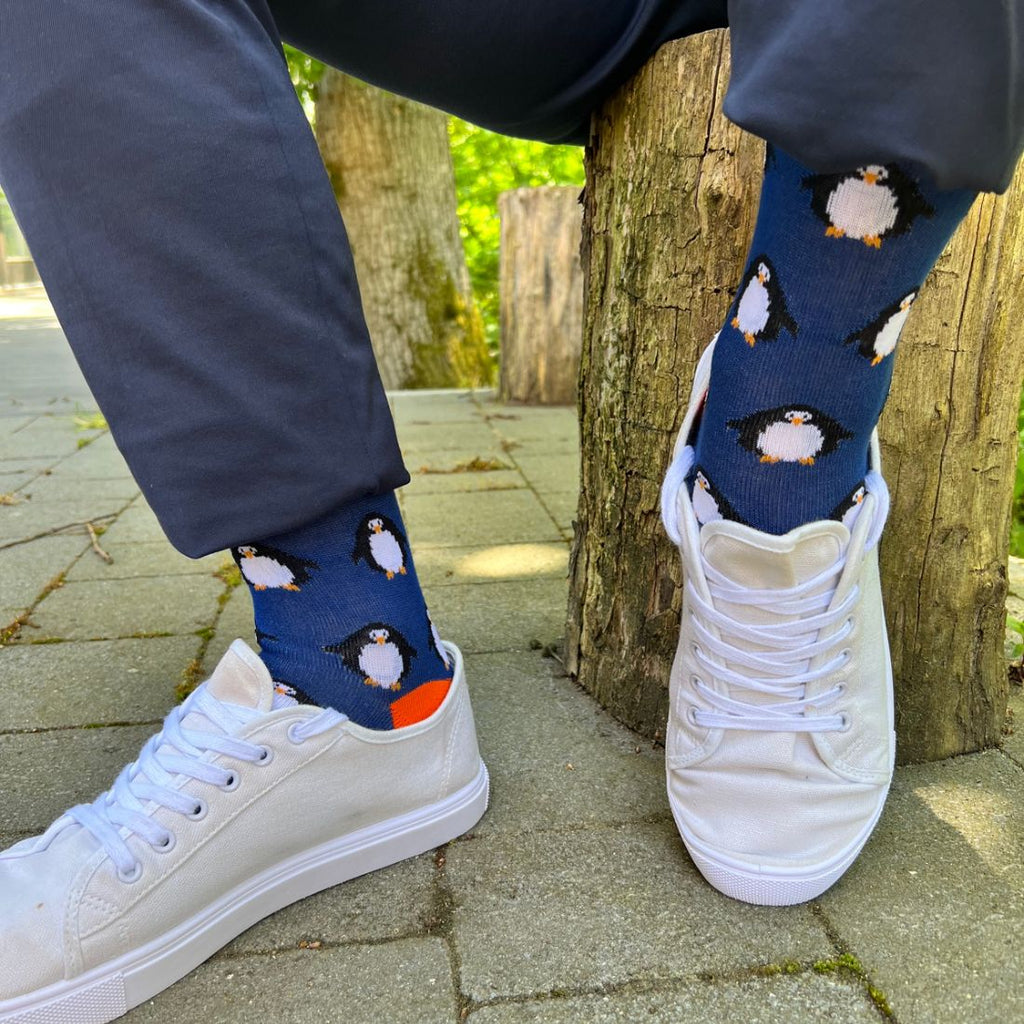 Bamboo Socks – Swole Panda Navy Blue Penguin Print Men's Socks