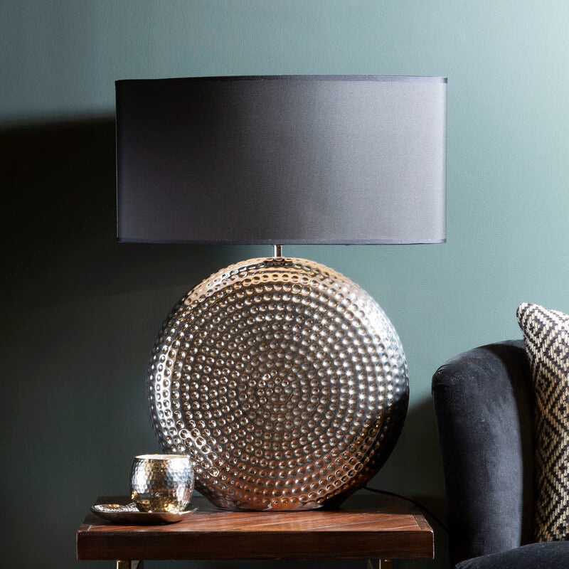 Orsina Evette Small Hammered Chrome Table Lamp with Black Fabric Shade