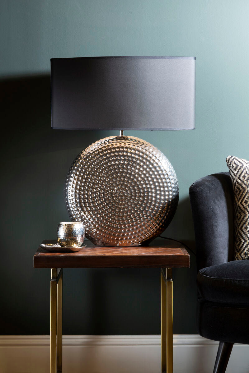 Orsina Evette Small Hammered Chrome Table Lamp with Black Fabric Shade