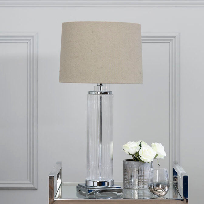 Orsina Alona Table Lamp – Glass and Crystal with Stone Linen Shade