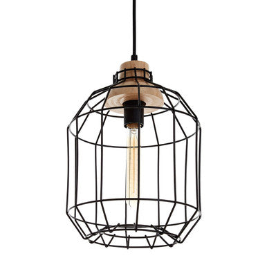 Orsina Beacan Black Metal Wire Pendant Light with Wood Accent