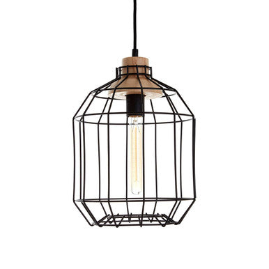 Orsina Beacan Black Metal Wire Pendant Light with Wood Accent