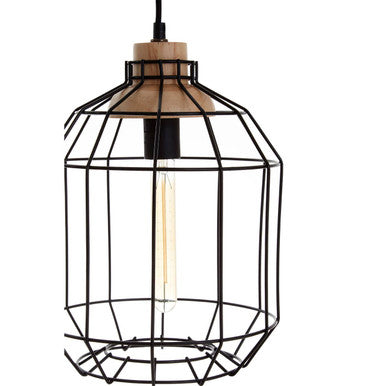 Orsina Beacan Black Metal Wire Pendant Light with Wood Accent