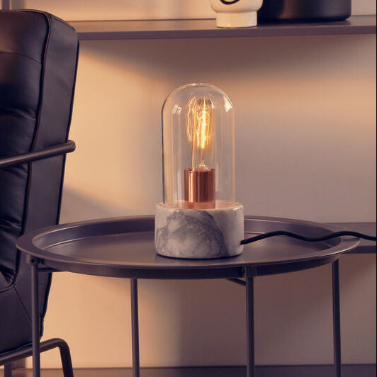 Orsina Lamonte Bell Table Lamp – Grey Marble Base & Glass Cloche