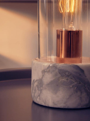 Orsina Lamonte Bell Table Lamp – Grey Marble Base & Glass Cloche