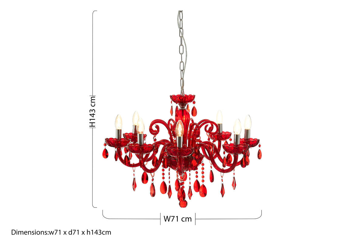 Orsina Murano Red Crystal Glass Chandelier – 8 Bulb Chrome Lighting