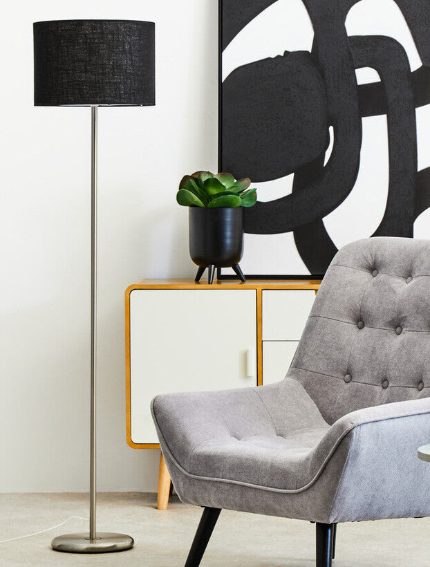 Orsina Forma Floor Lamp – Black Waffle Texture Drum Shade Modern Light
