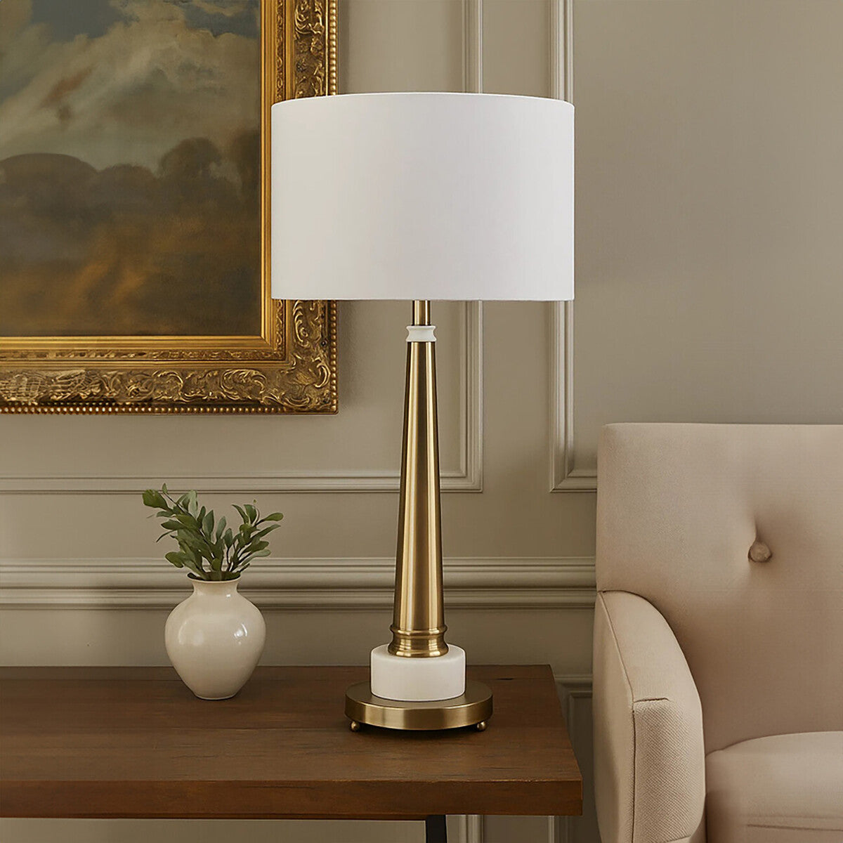 Orsina Sakida Classic Table Lamp | Linen Shade & Brushed Conical Base