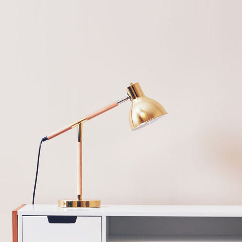 Orsina Stockholm Brass Adjustable Desk Lamp | Wood & Metal Task Light