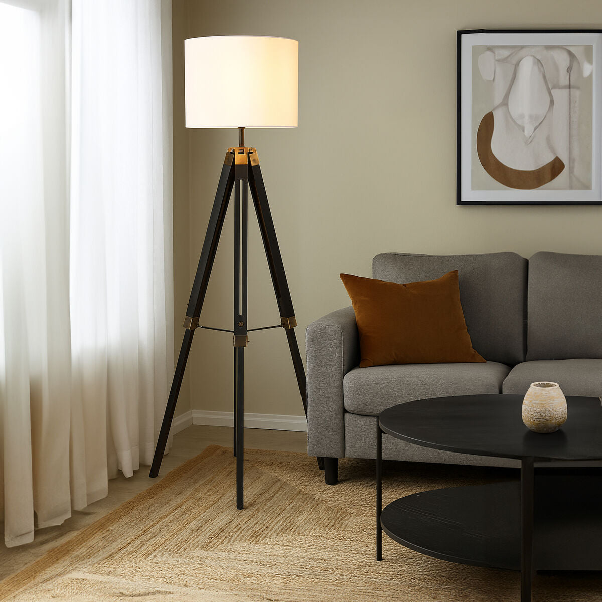 Orsina Malvern Tripod Floor Lamp – Black Wood Base & White Linen Shade