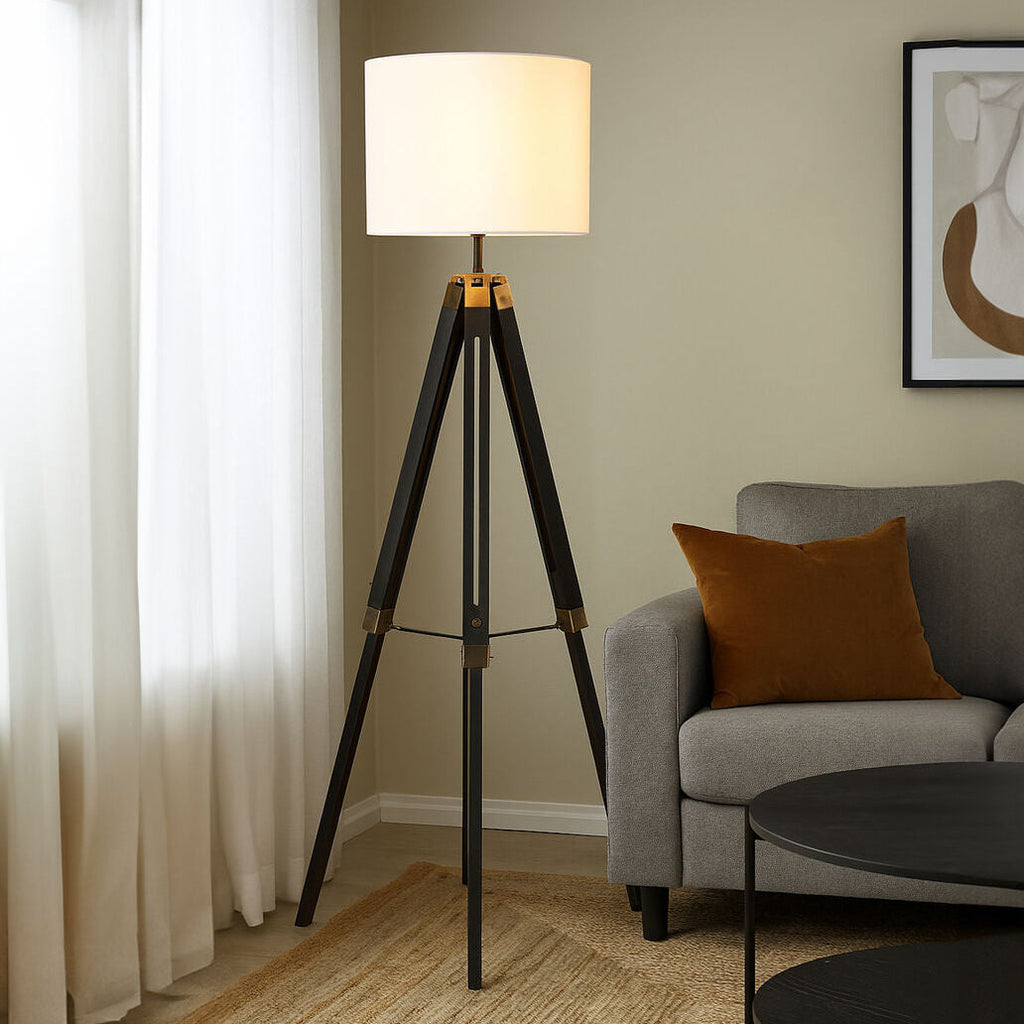 Orsina Malvern Tripod Floor Lamp – Black Wood Base & White Linen Shade