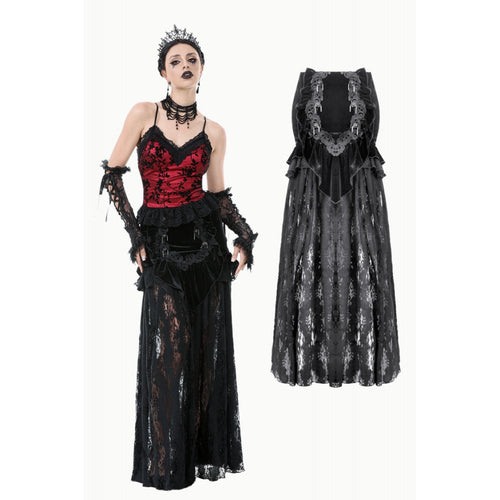 Dark in Love Gothic Lace Velvet Layered Maxi Skirt – Black Victorian