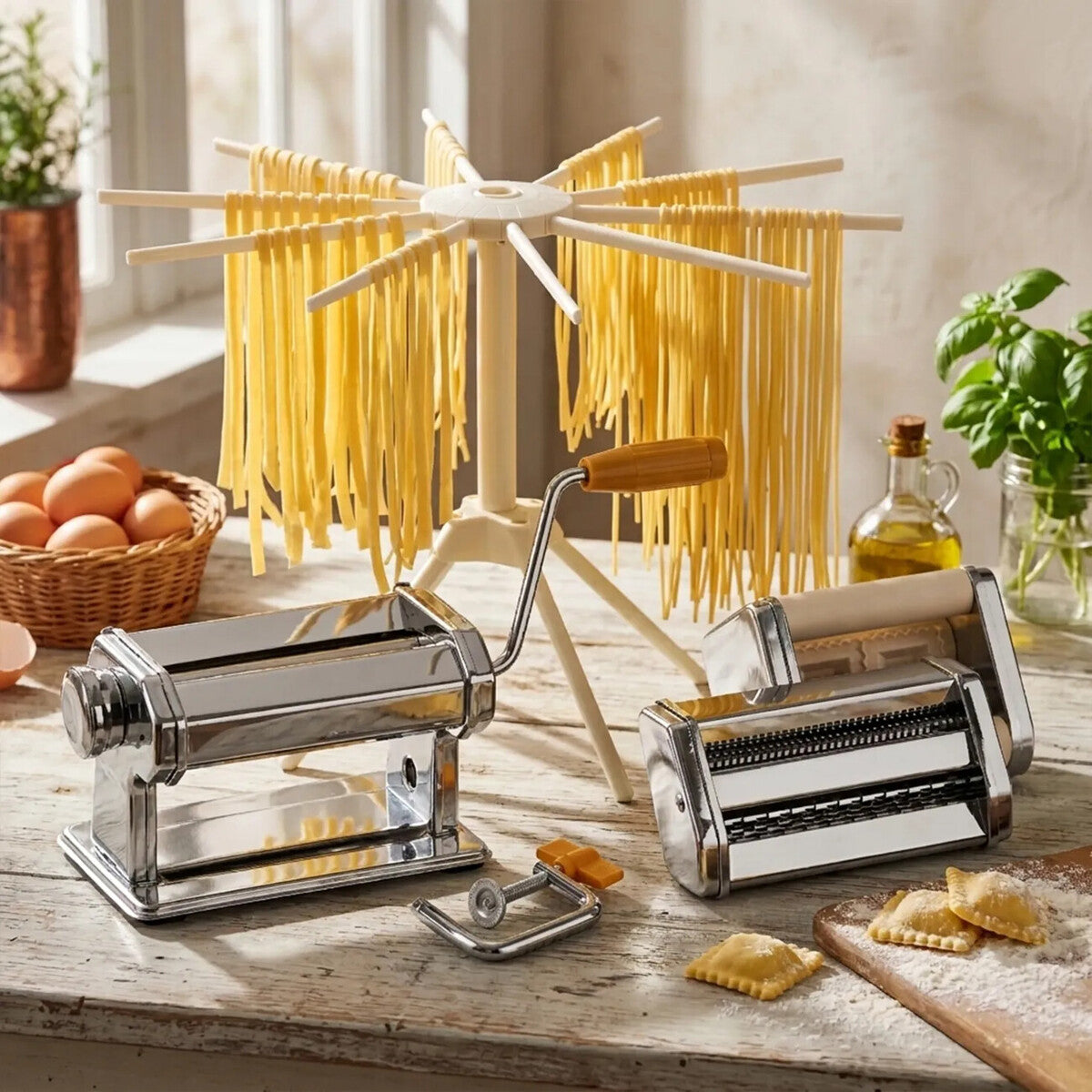 Orsina Chrome Pasta Maker and Dryer Set with Ravioli Attachment