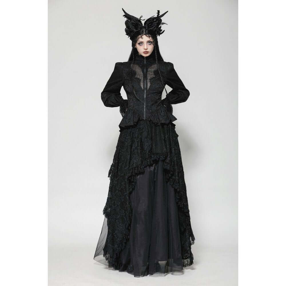 Dark in Love Felicity Gothic Lace Zip Up Tailcoat Shirt – Black