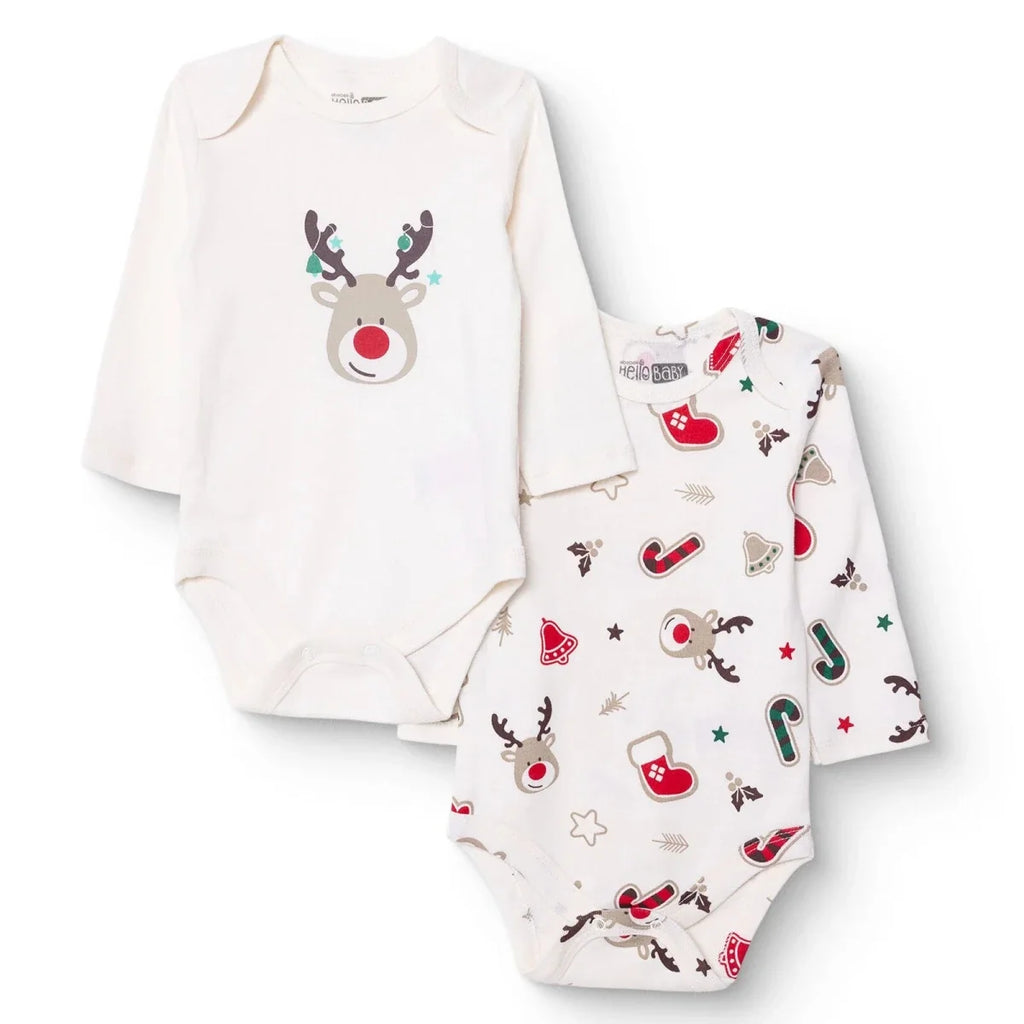 HelloBaby Boys 2-Pack Long Sleeve Bodysuits Christmas Envelope Neck Long Sleeve - Ecru