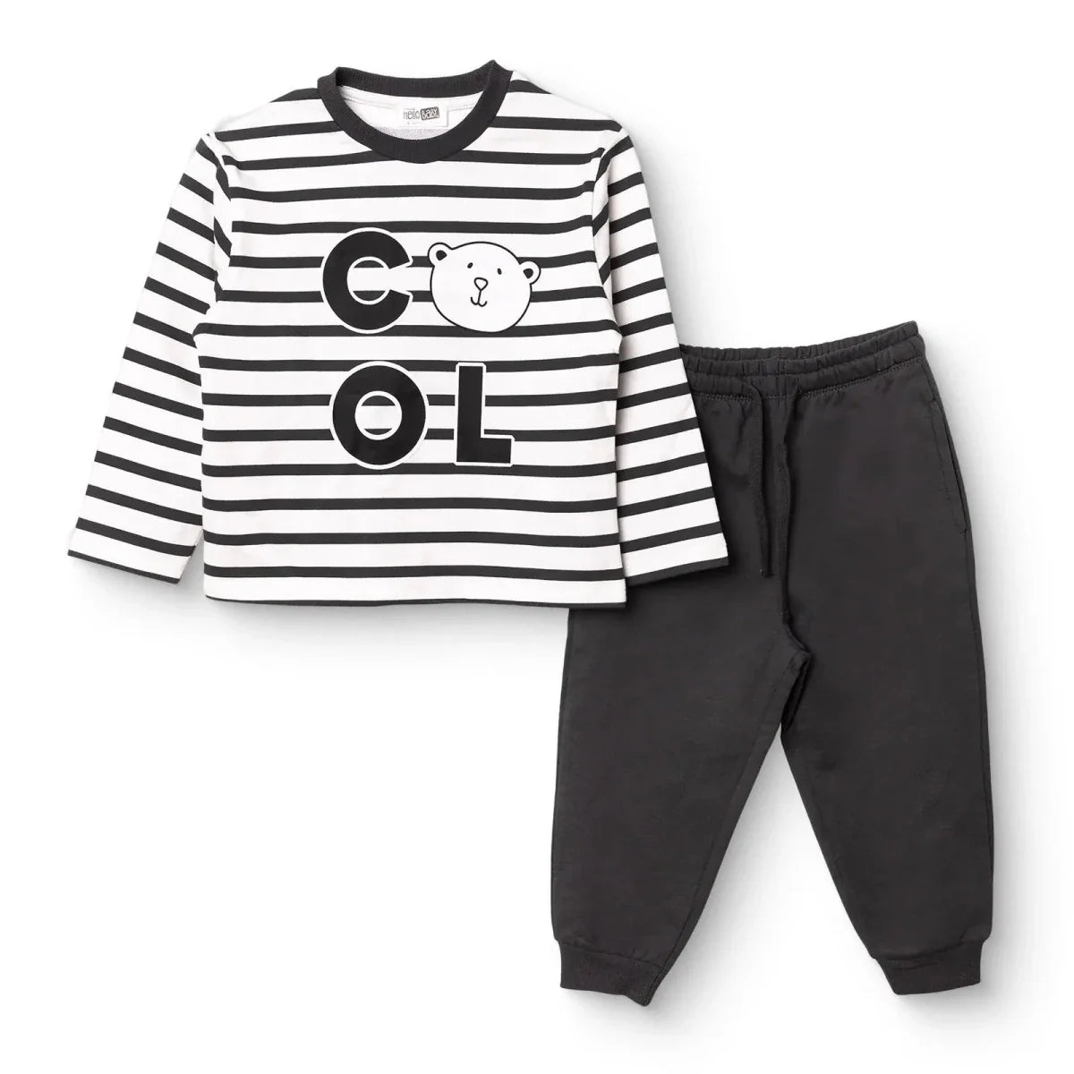 HelloBaby Boys Tracksuit Set Bear Print Lace-up Cool Boy Crew Neck Full Length Long Sleeve - Black Printed