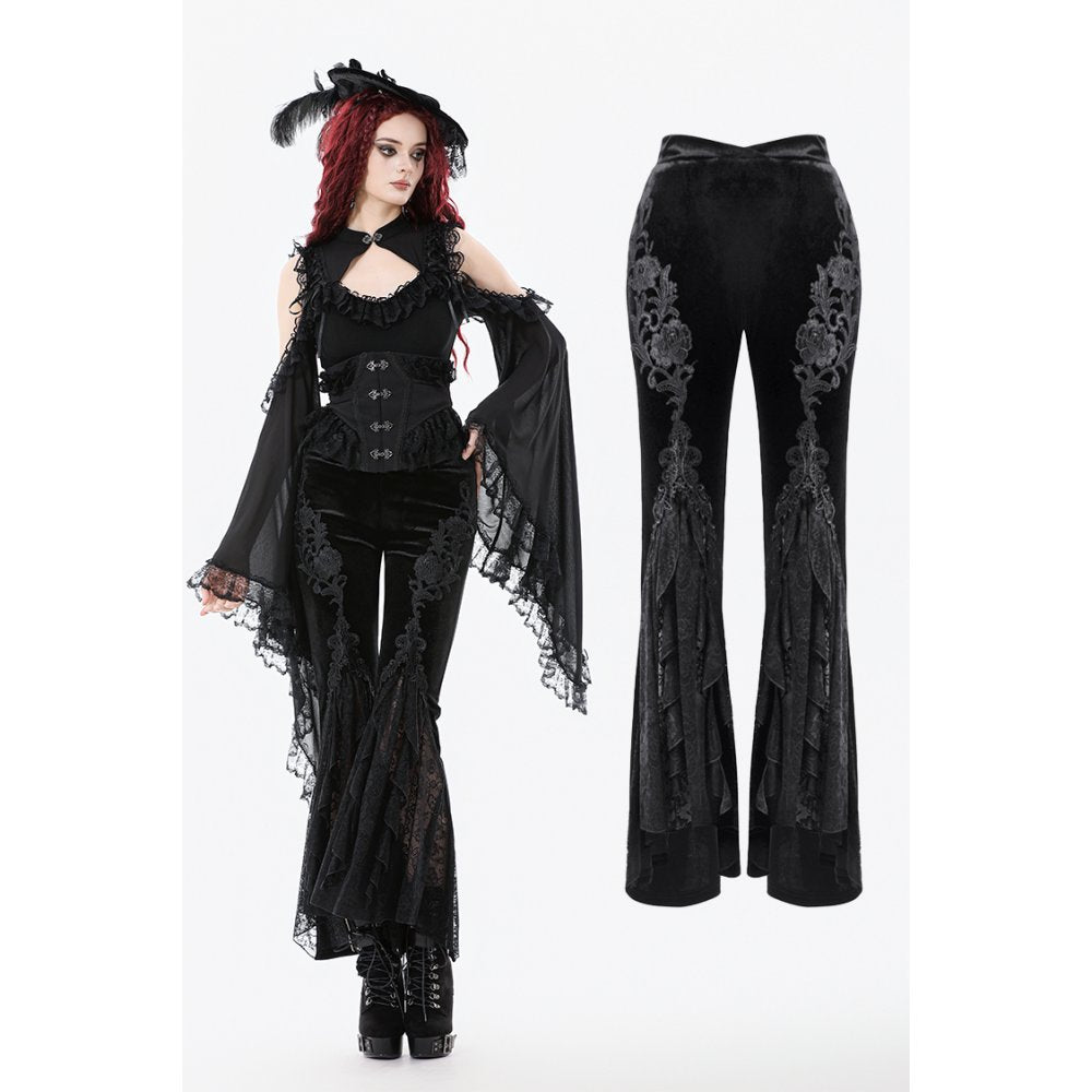 Dark in Love Erzebeth Black Velvet Lace Flare Trousers – Gothic Style