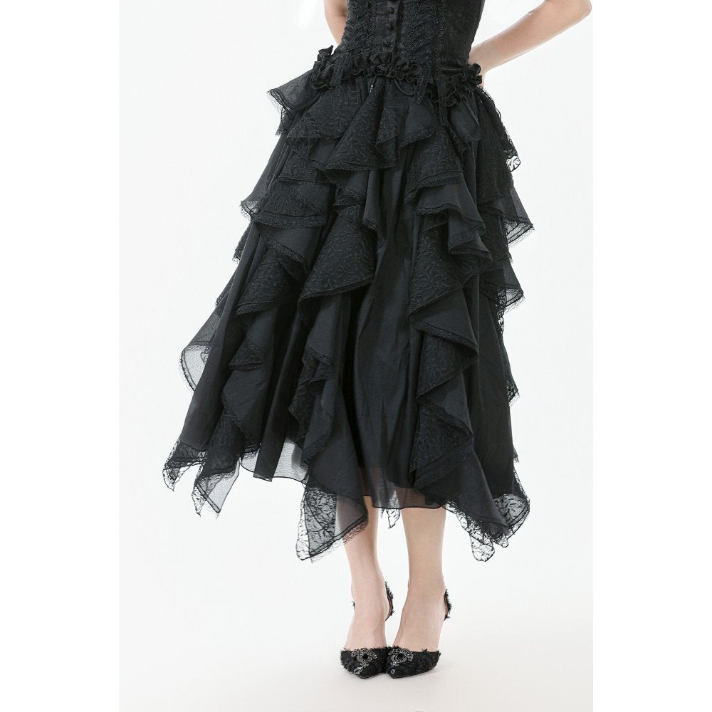 Dark in Love Morrigan Ruffled Goth Midi Skirt - Black Lace Asymmetric