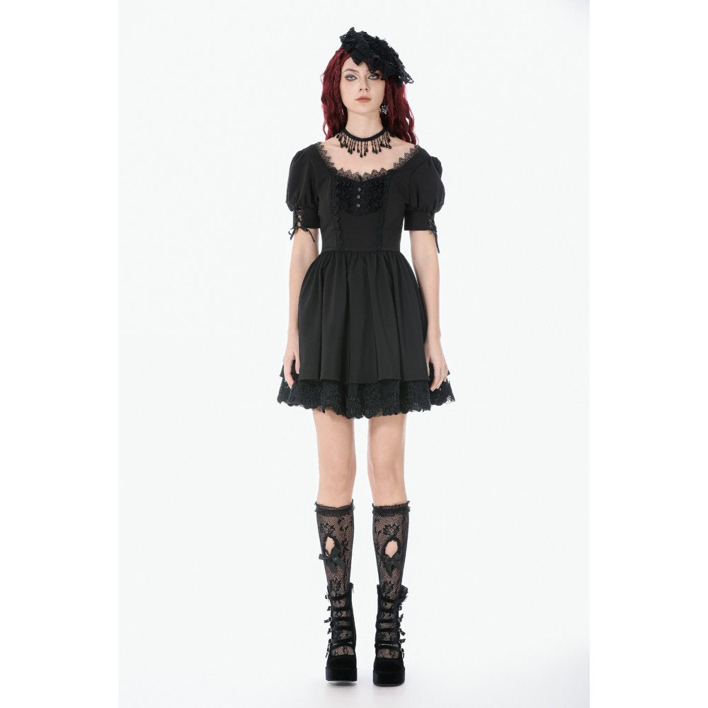 Dark in Love Gothic Lace Square-Neck Puff Sleeve Dress – Black