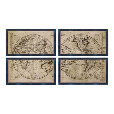 Orsina World Map Framed Wall Art Set - 4 Piece Black & Brown Decor