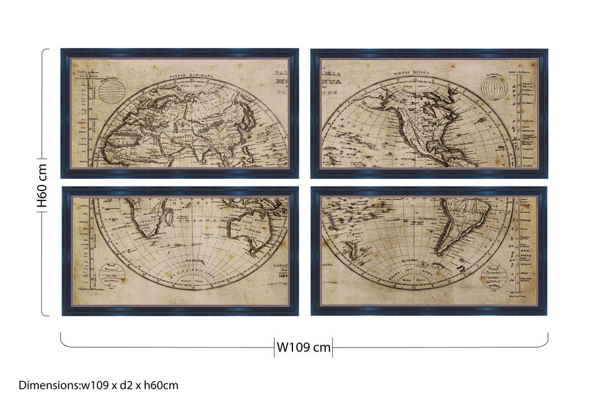Orsina World Map Framed Wall Art Set - 4 Piece Black & Brown Decor