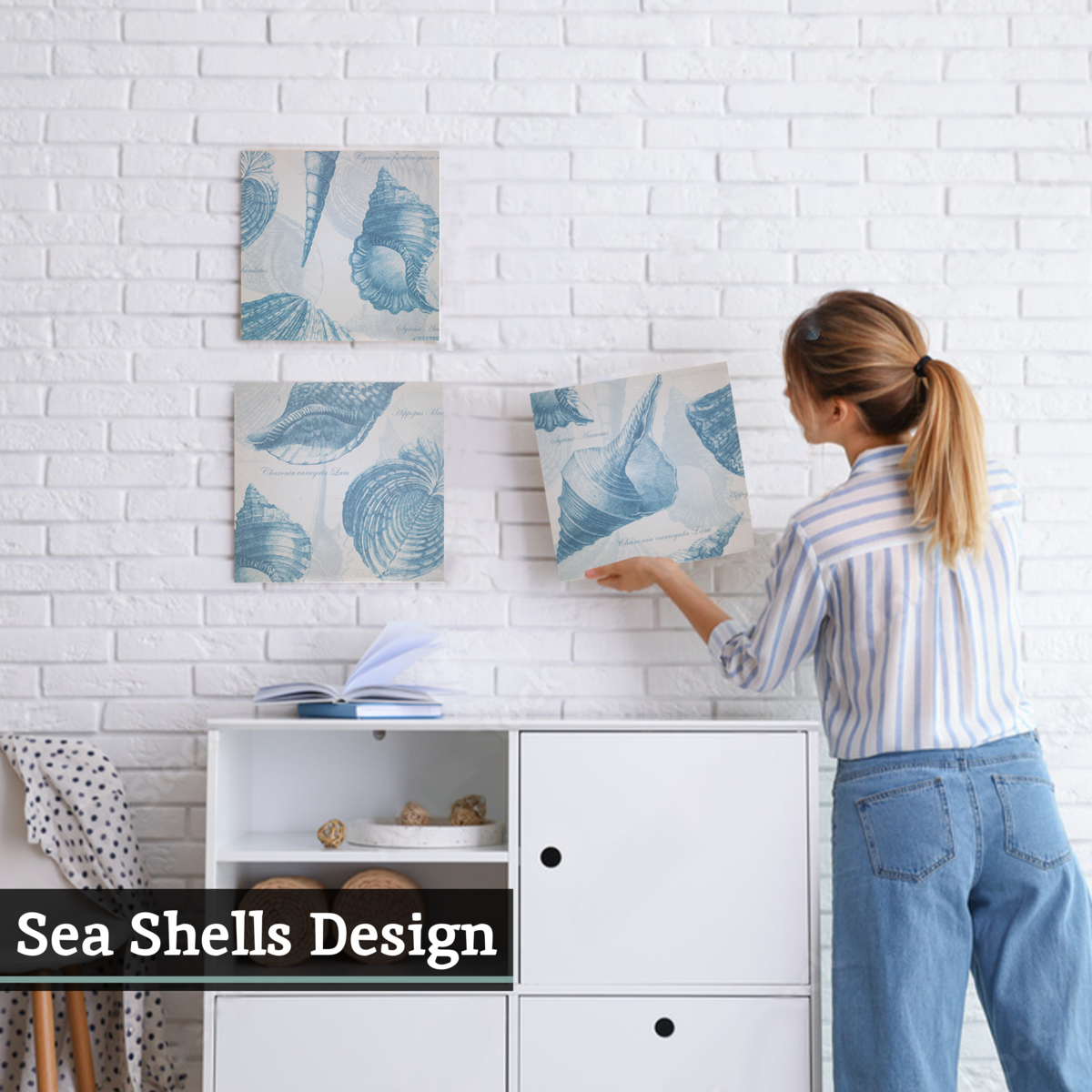 Orsina Echo Coastal Shell Wall Plaques – Set of 3 Blue & Cream Art