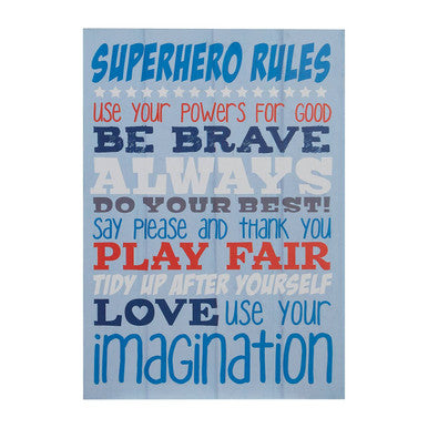 Orsina Kids Superhero Rules Wall Plaque | Blue & Red Bedroom Decor