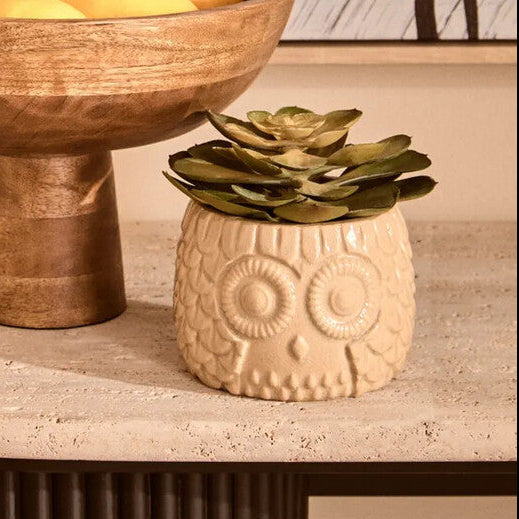 Orsina Large Artificial Succulent in Grey Ceramic Owl Planter Pot
