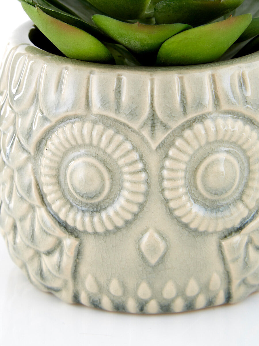 Orsina Large Artificial Succulent in Grey Ceramic Owl Planter Pot