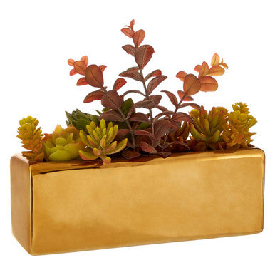 Orsina Faux Mixed Succulents in Gold Ceramic Pot – Modern Home Decor