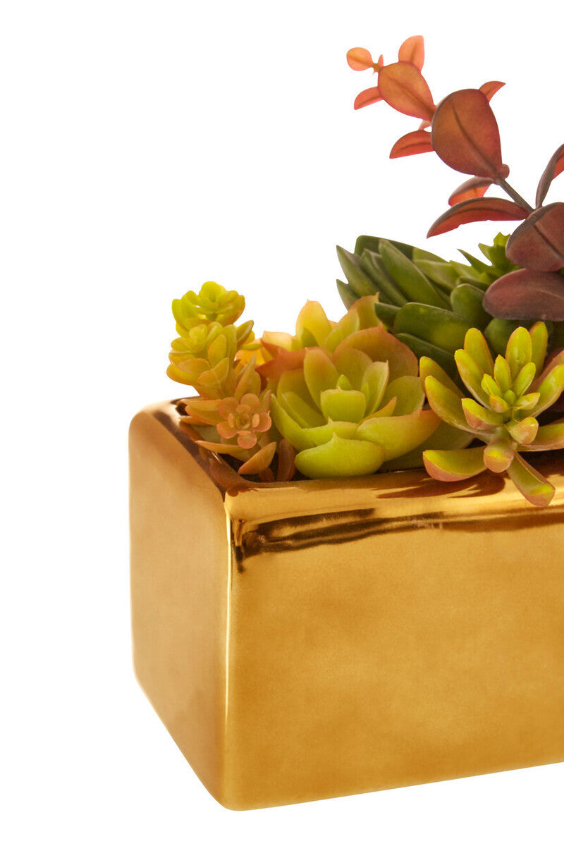 Orsina Faux Mixed Succulents in Gold Ceramic Pot – Modern Home Decor