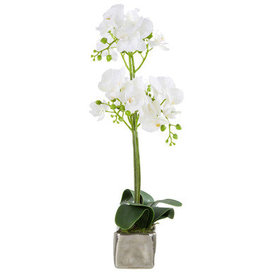 Orsina Fiori White Orchid Plant - Faux Phalaenopsis in Silver Pot