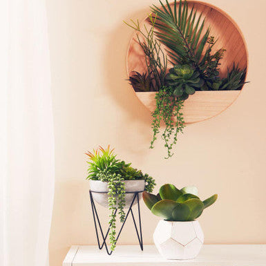 Orsina Fiori White Geometric Cement Pot with Faux Succulent Plant