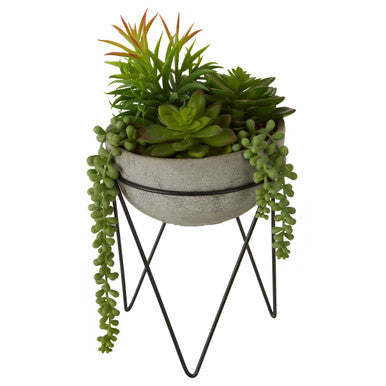 Orsina Fiori Mixed Faux Succulent in Grey Ceramic Pot with Metal Stand