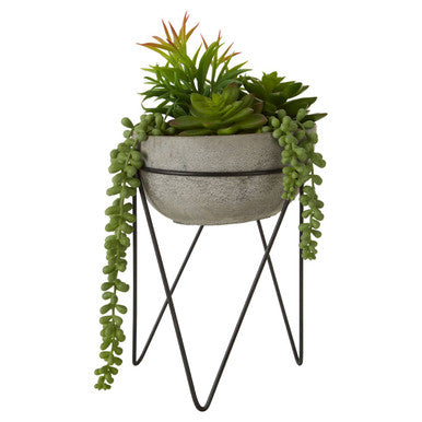 Orsina Fiori Mixed Faux Succulent in Grey Ceramic Pot with Metal Stand