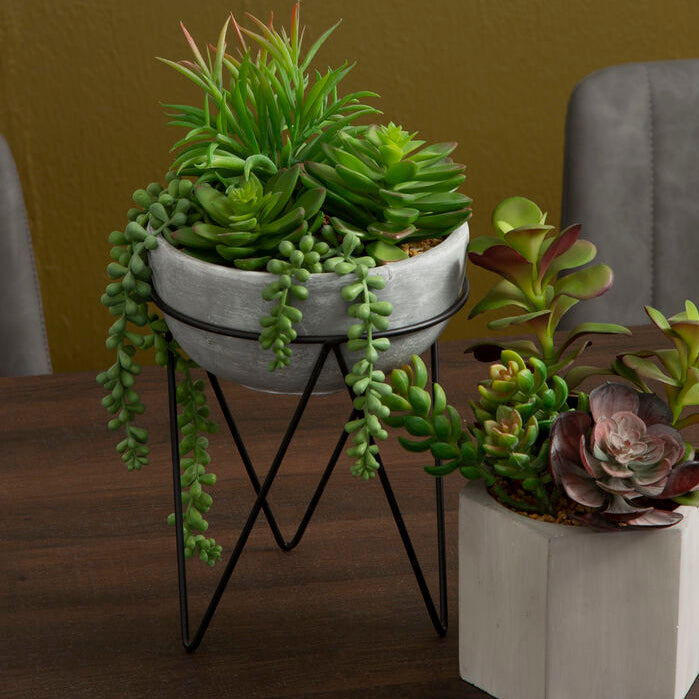 Orsina Fiori Mixed Faux Succulent in Grey Ceramic Pot with Metal Stand