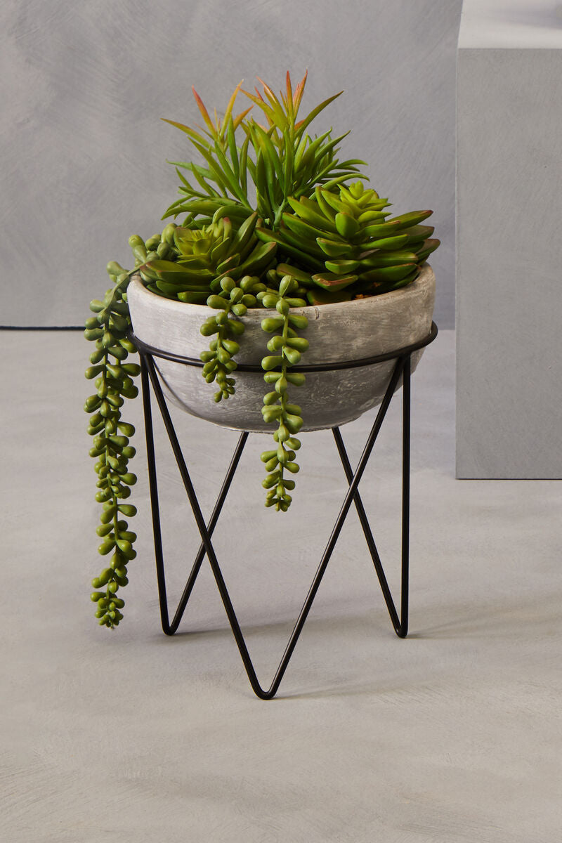 Orsina Fiori Mixed Faux Succulent in Grey Ceramic Pot with Metal Stand