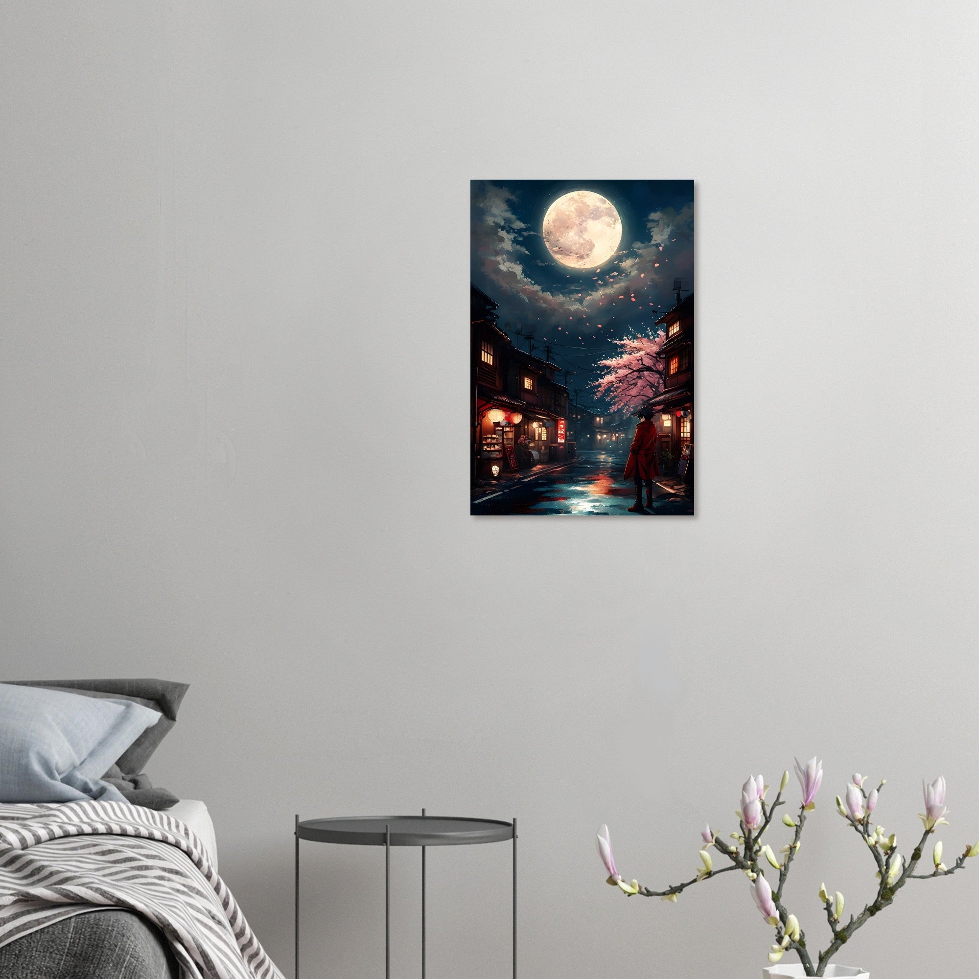 Japanese Cityscape Night Poster – Urban Glow Under the Moon