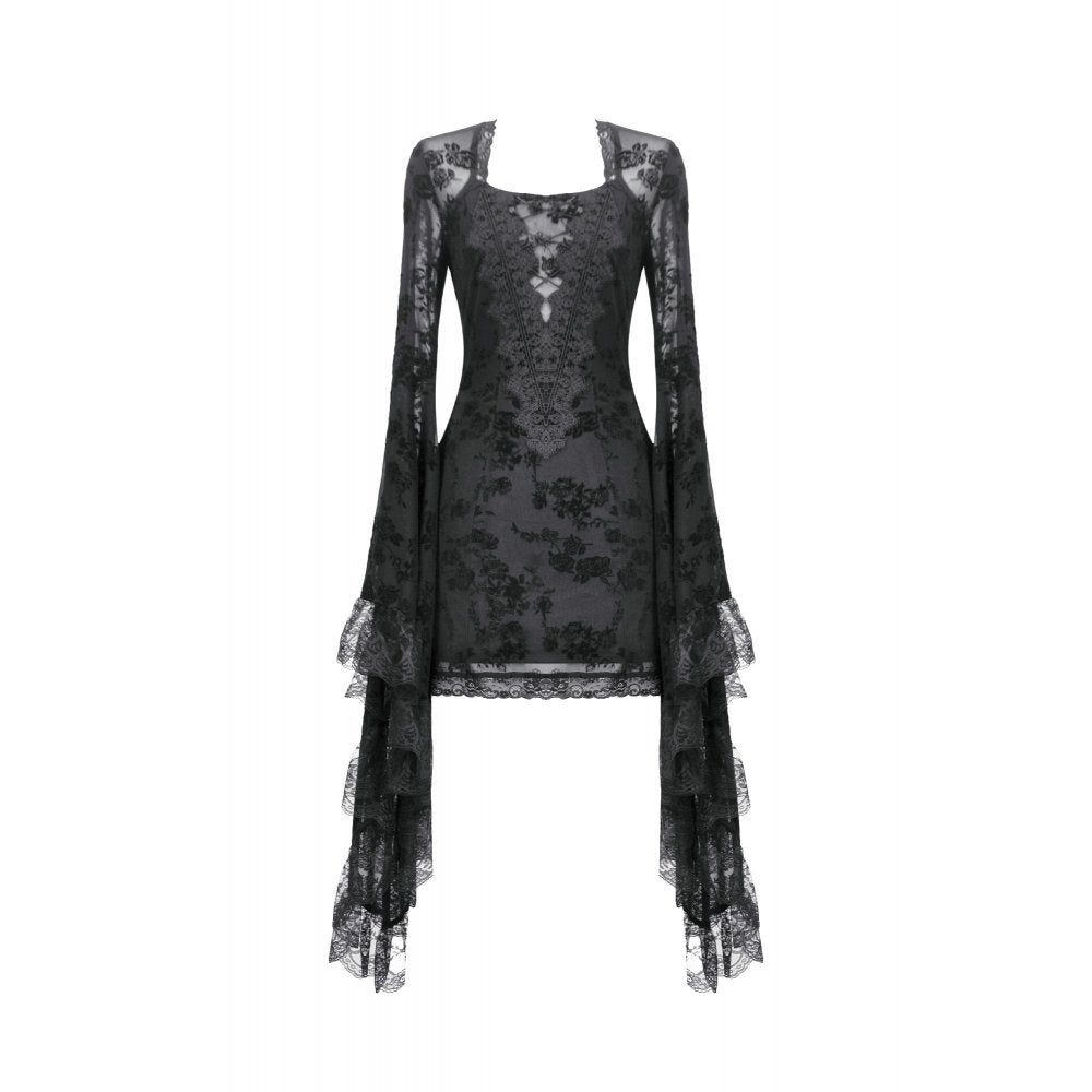 Dark In Love Minerva Black Lace Dress – Gothic Bell Sleeve Mini Dress