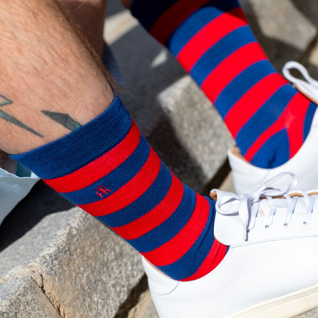 Swole Panda Red and Navy Striped Bamboo Socks – Breathable & Durable