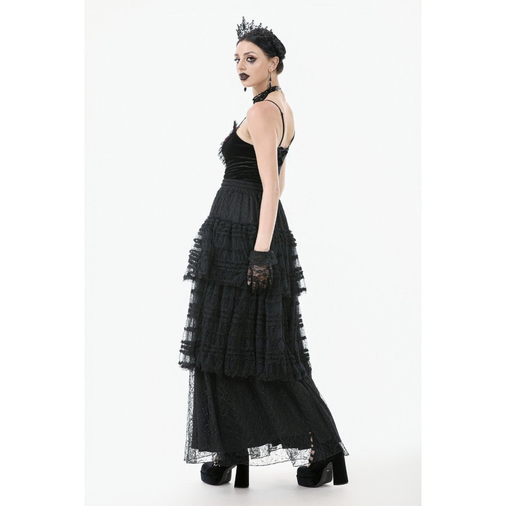 Dark in Love Morticia Gothic Velvet & Lace Tiered Skirt in Black