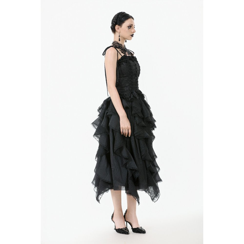 Dark in Love Morrigan Ruffled Goth Midi Skirt - Black Lace Asymmetric