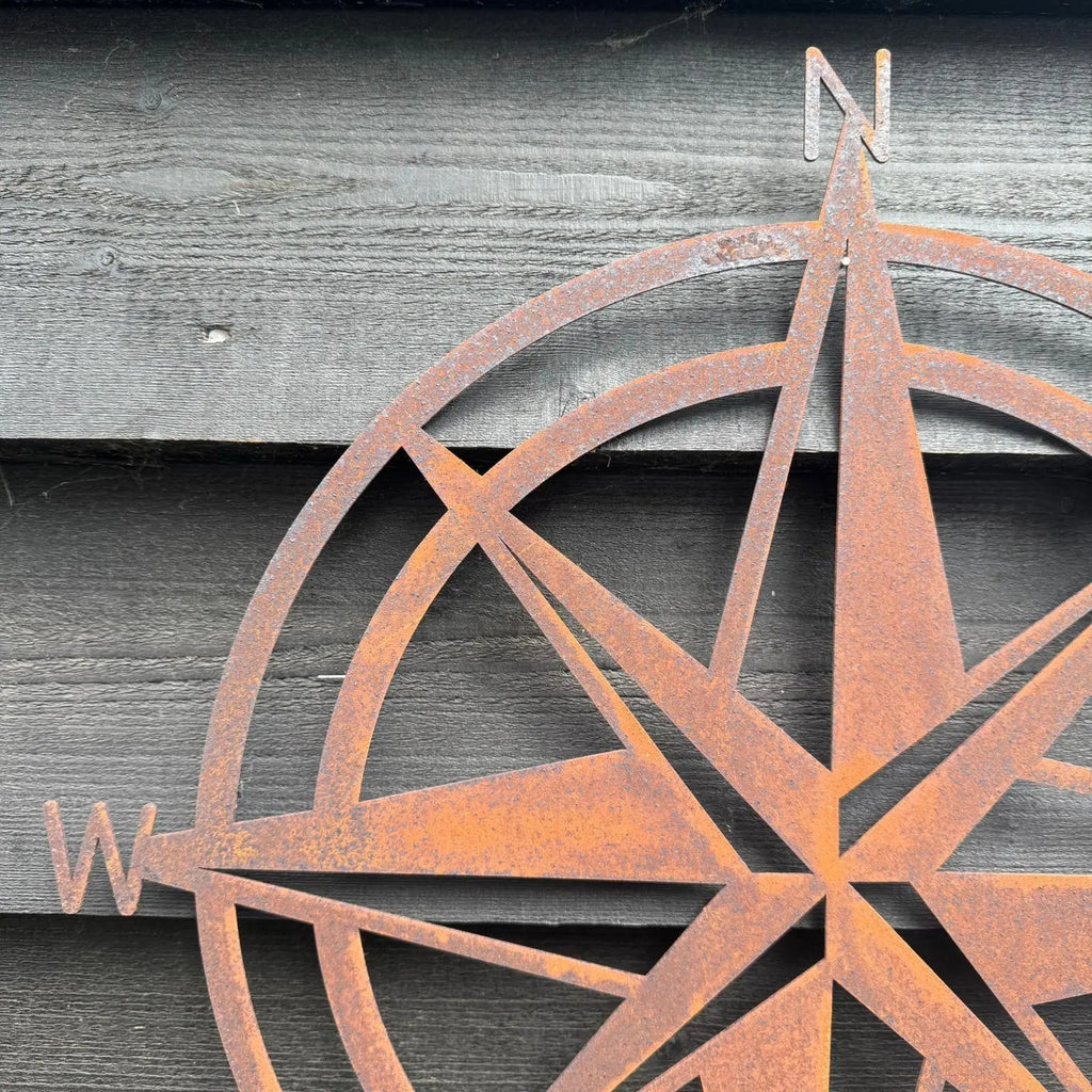 Rustic Metal Compass Wall Art – 50cm Steel Garden Decor | RW Norfolk