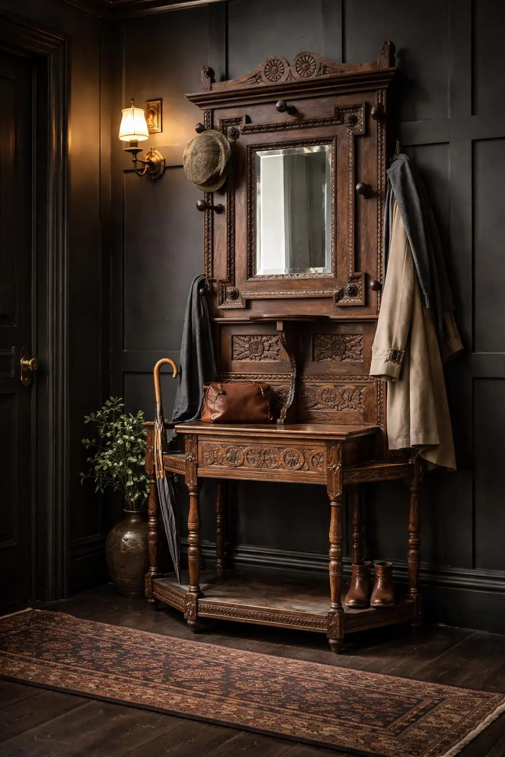 Antique Oak Hallway Coat & Hat Stand with Mirror and Storage