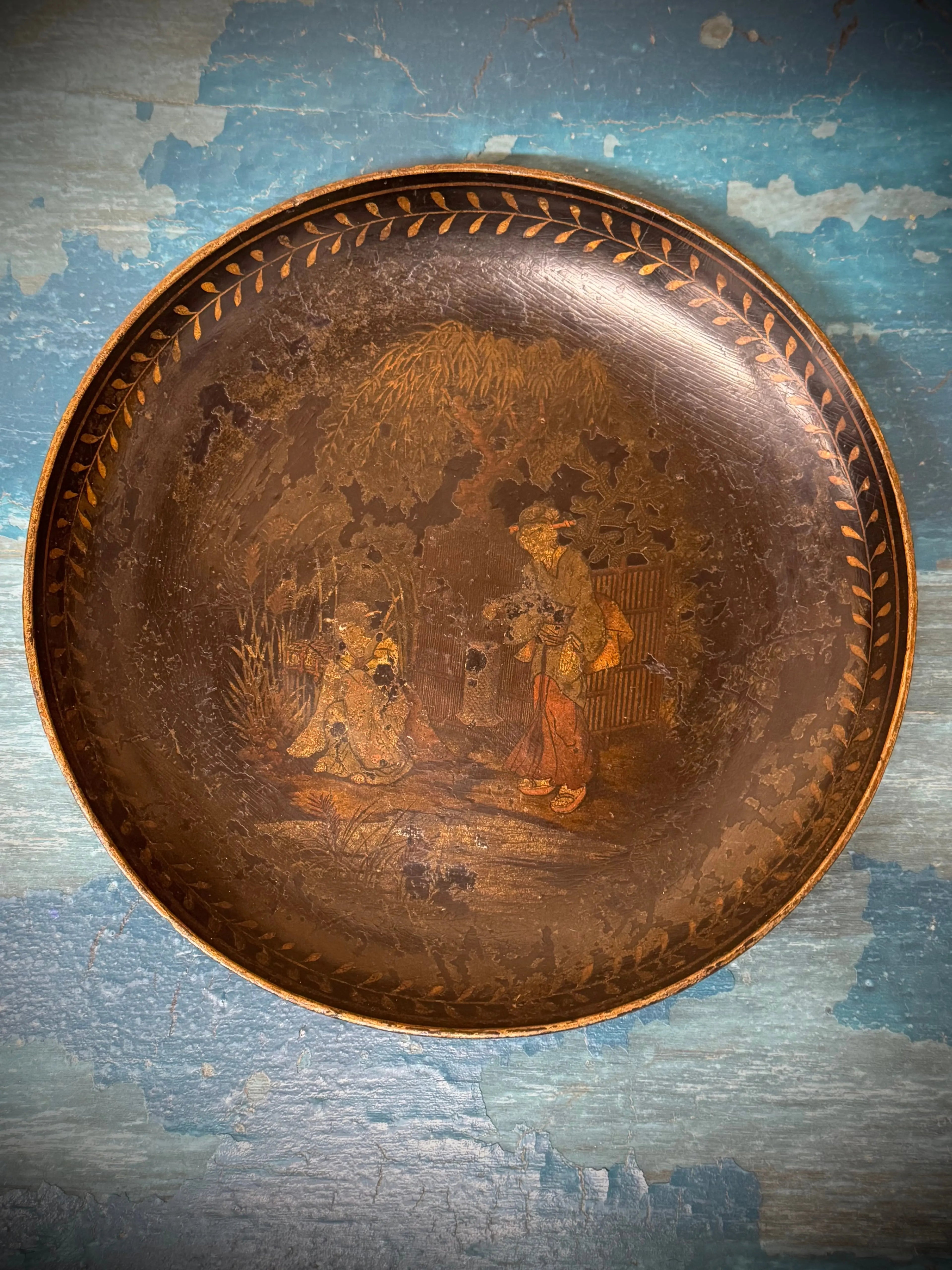 Antique 19th.C Papier-Mâché Lacquered Chinese Tray Plate Bowl / Chinoiserie A