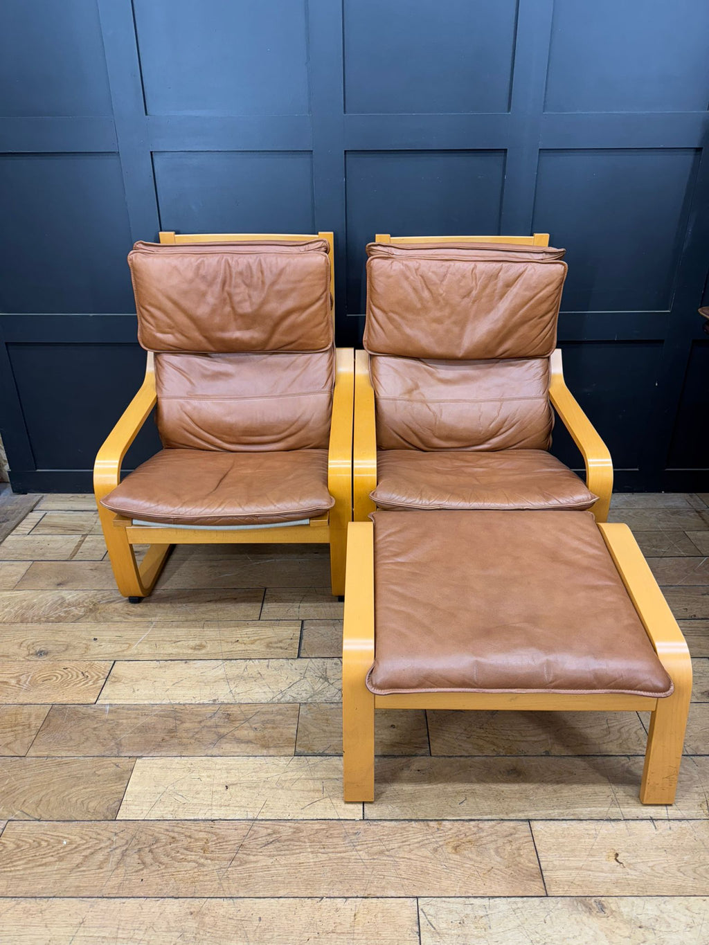 Vintage Pair Of IKEA Poäng Lounge Chairs with Footstool – Armchairs Tan Leather