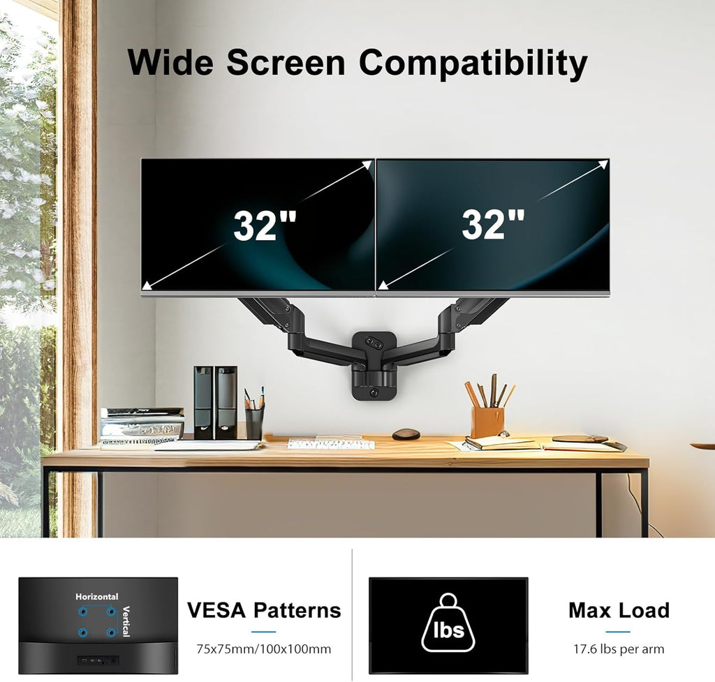 HUANUO Dual Monitor Wall Mount – Gas Spring Arm for 32 Inch Screens