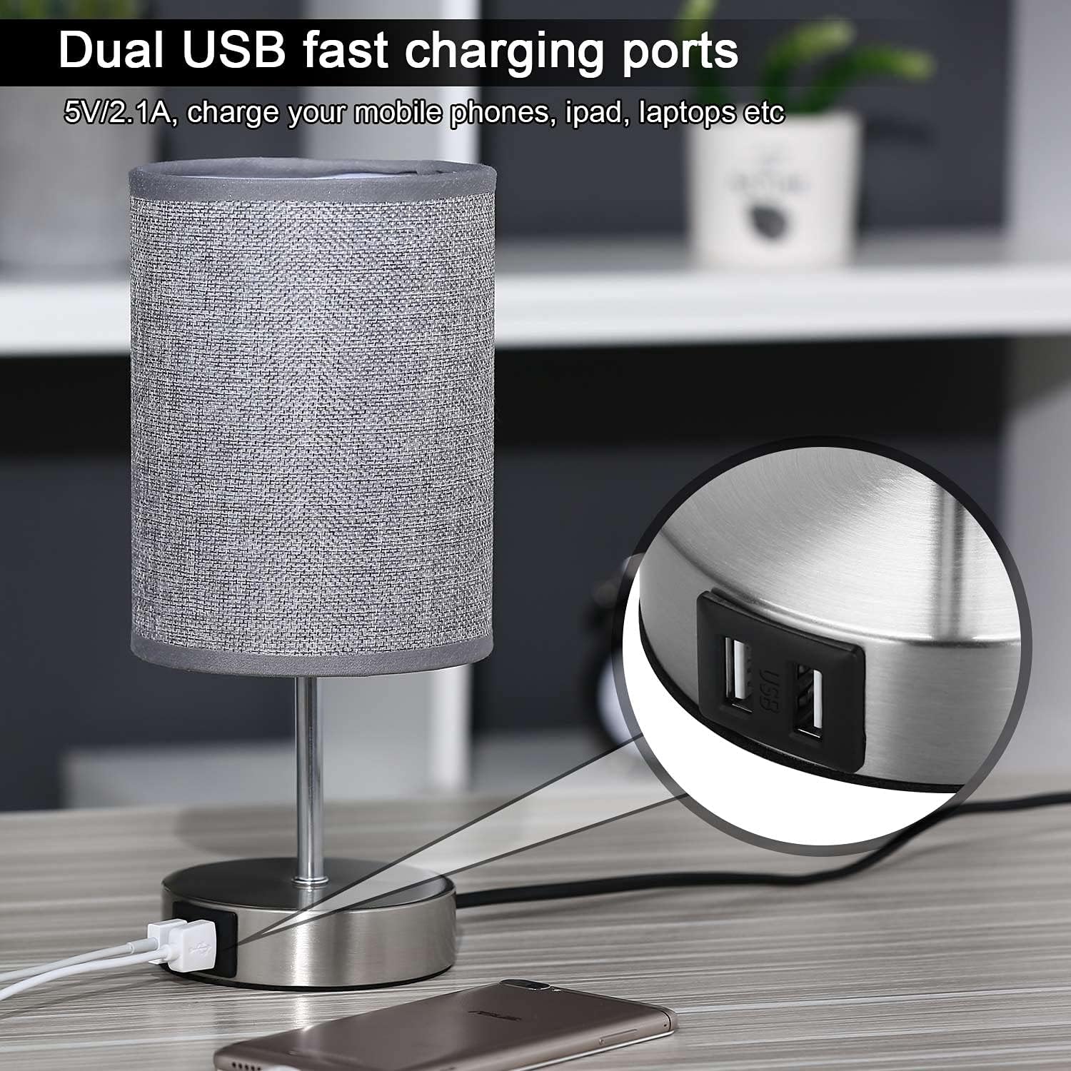 Lightess Touch Bedside Lamps - Set of 2 Grey USB Dimmable Table Lamps